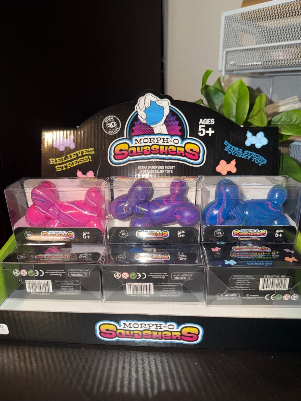 THREE 3 MORPH-O Squashers Marbleized Squeeze Extra Strong doggy Pink/Purple/Blue